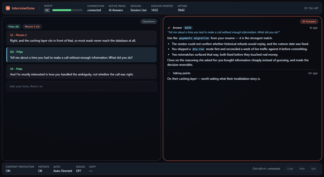 The InterviewDone overlay during a live call: a transcript of questions on the left, and a grounded answer with talking points on the right.